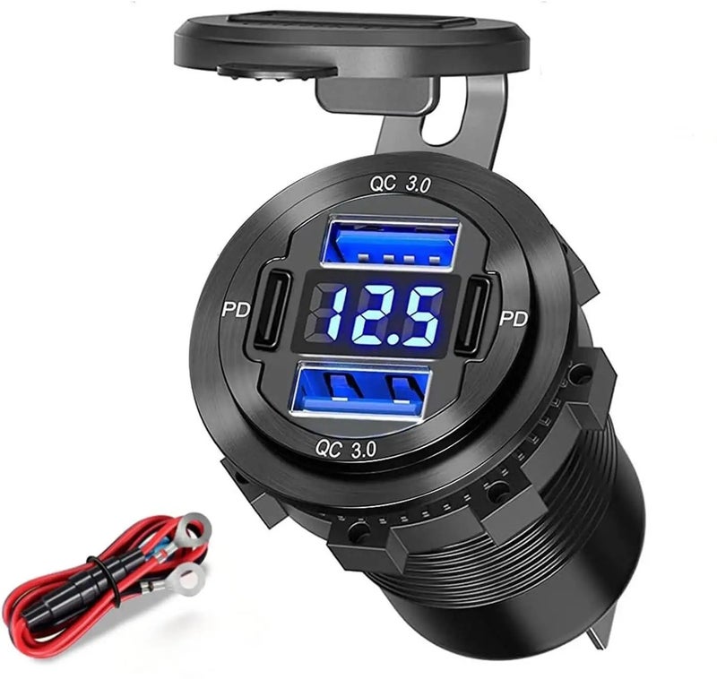 Y&D 78W Waterproof 12V Car Charger, 4 Port USB Outlet: Dual PD USB-C & Dual Quick Charge 3.0, Aluminum Automobile Charger with Voltmeter for Boat/Car - Image 3